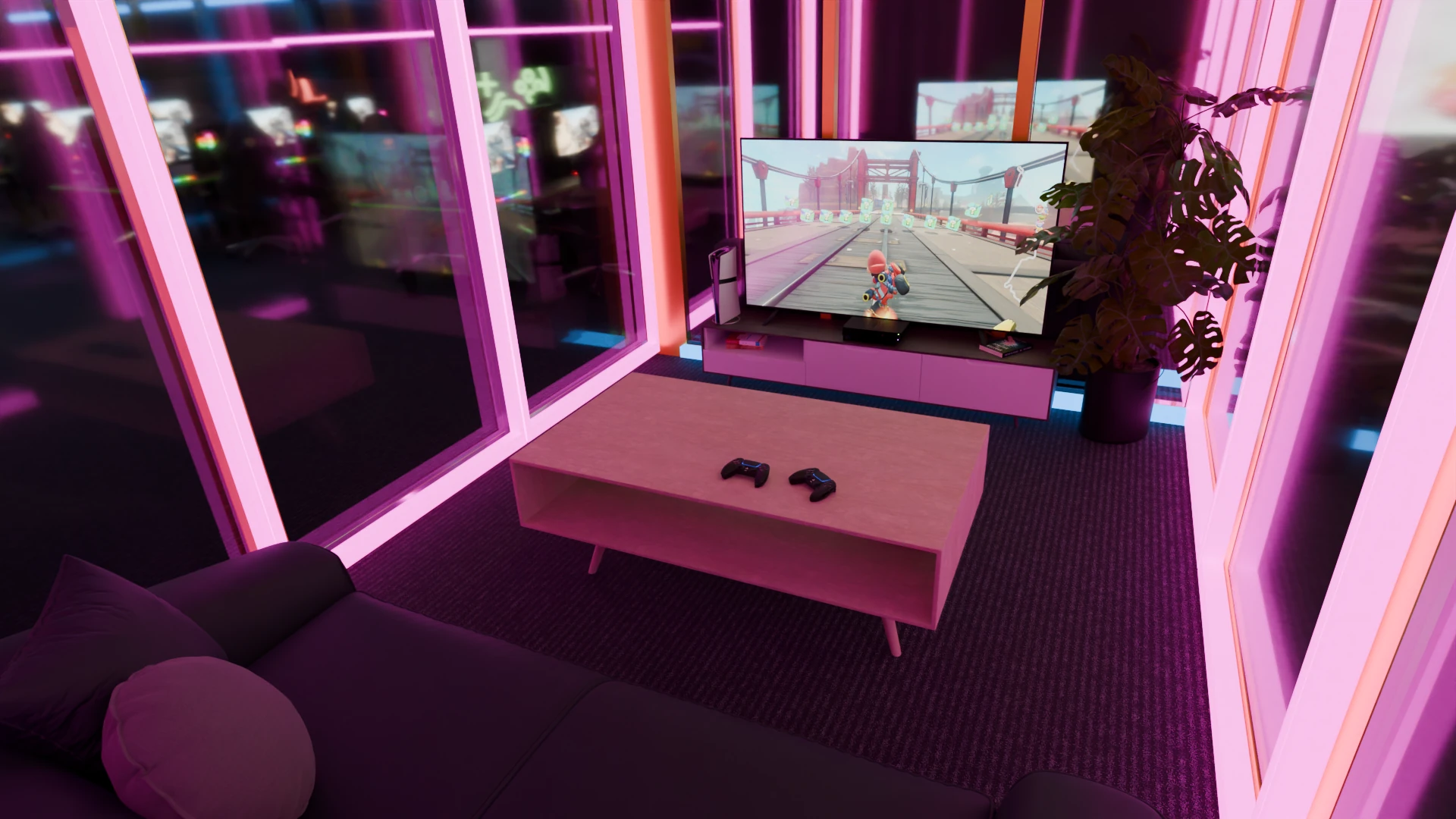 Konsollrom — sofa og gaming-rigger